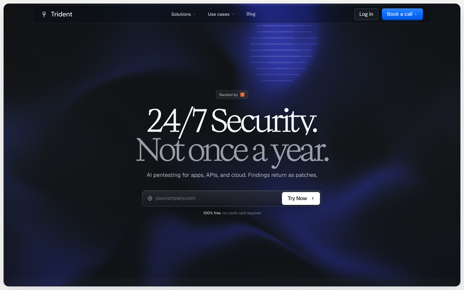Trident's landing page: 24/7 security, not once a year